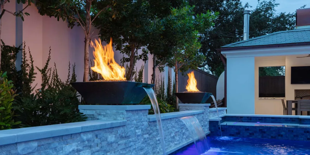 pool feature with fire waterfall